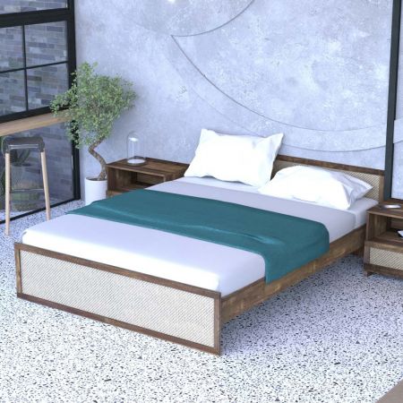 藤製美式仿古木托鐵管特大號床 - 藤製美式仿古木托鐵管特大號床